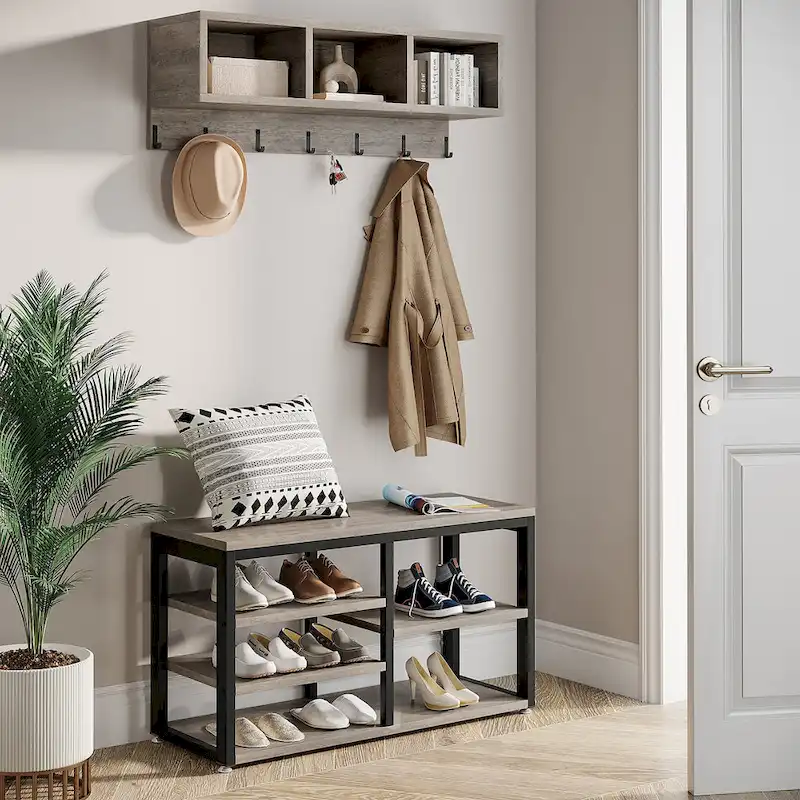 Industrial Entryway Shoe Bench and Wall-Mounted Coat Rack Set, Rustic Brown