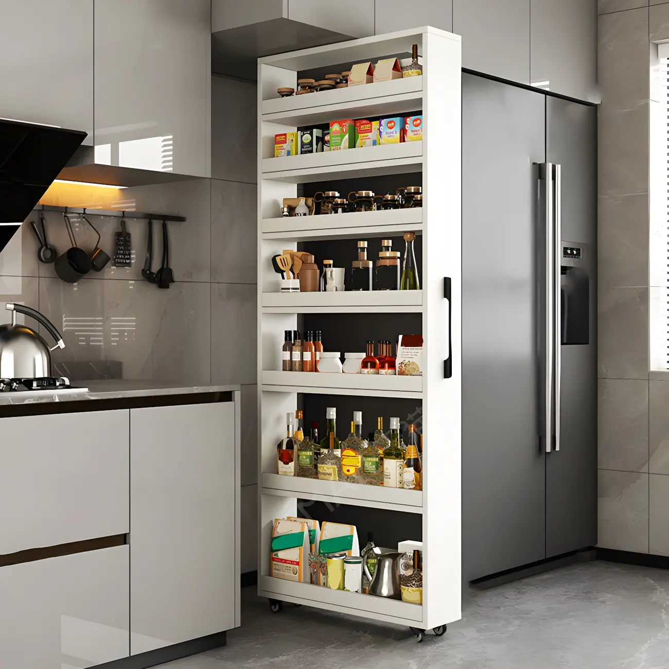 Modern Wooden Buffet Table with Open Shelves and Caster