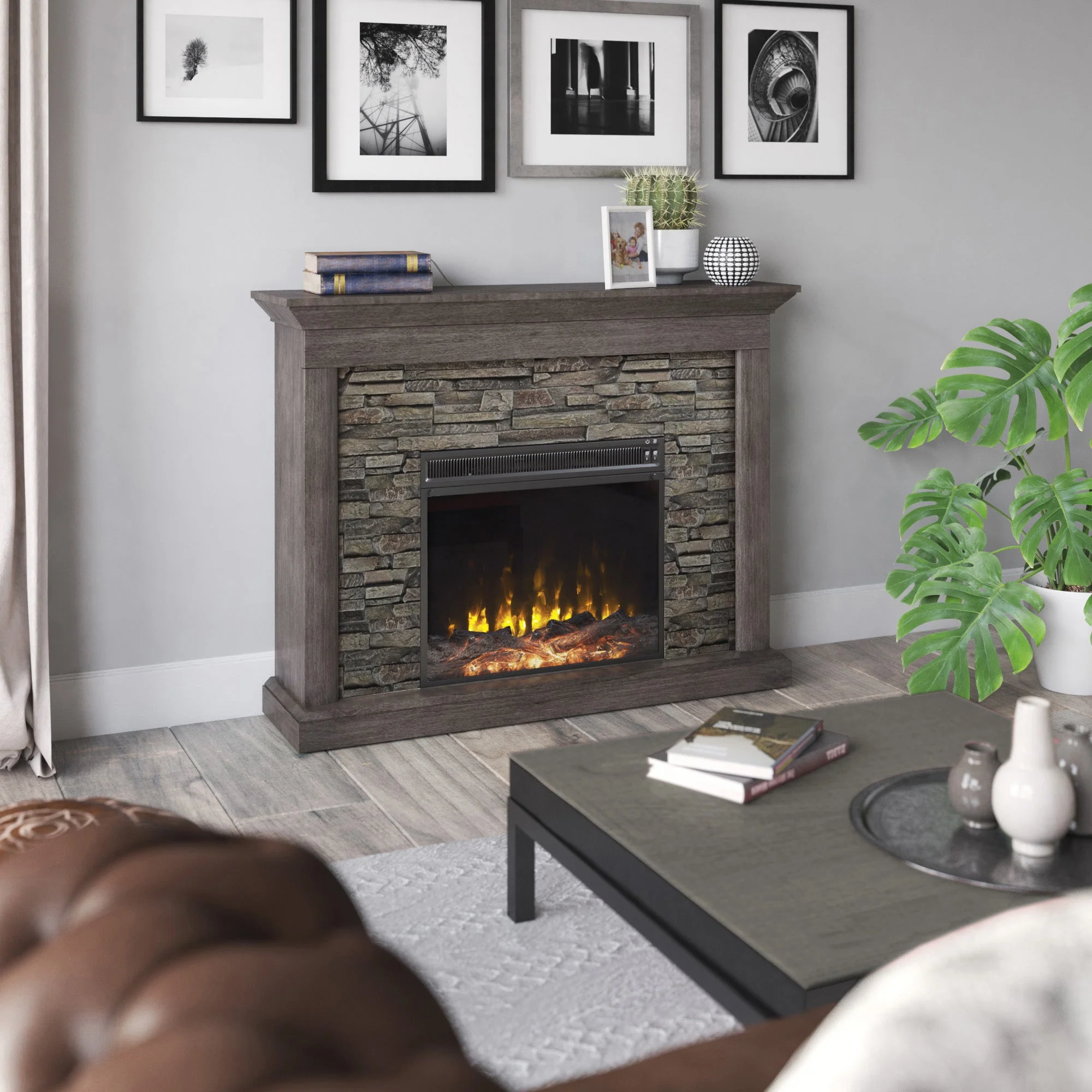 Stacked Stone Wall Mantel with Electric Fireplace