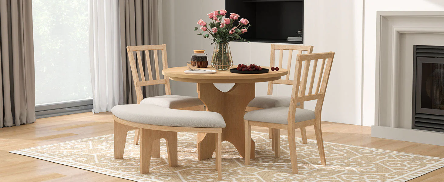 Walker Edison | Charming 5-Piece Rustic Round Dining Set with Chairs and Curved Bench