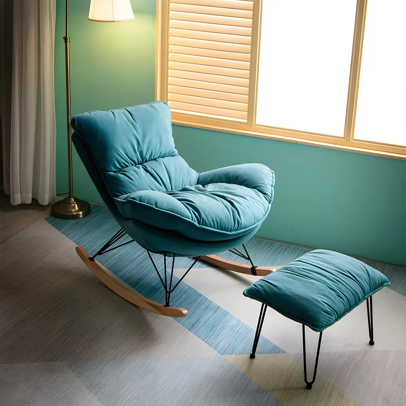 Velvet Upholstered Nursery Rocking Chair with Ottoman for Leisure