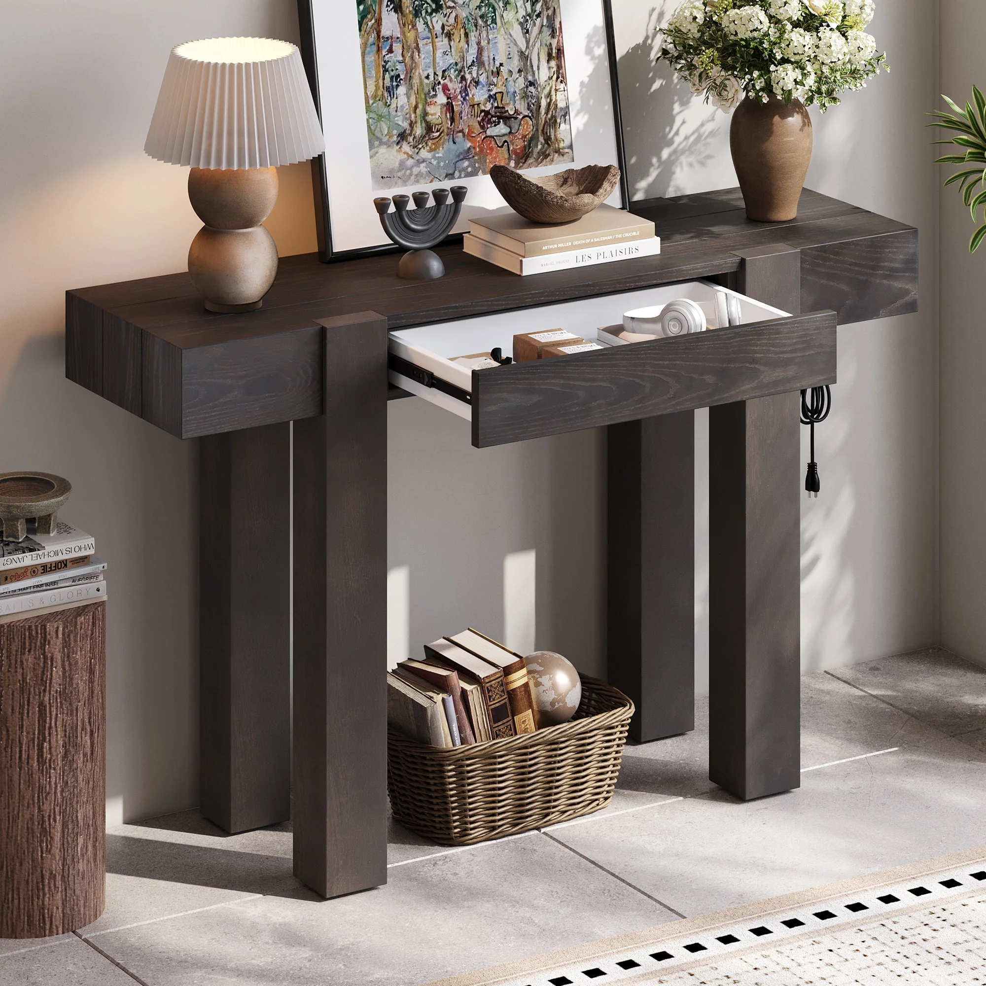 Rustic Minimalist Console Entryway Table with Hidden Drawer and Side Power Outlet