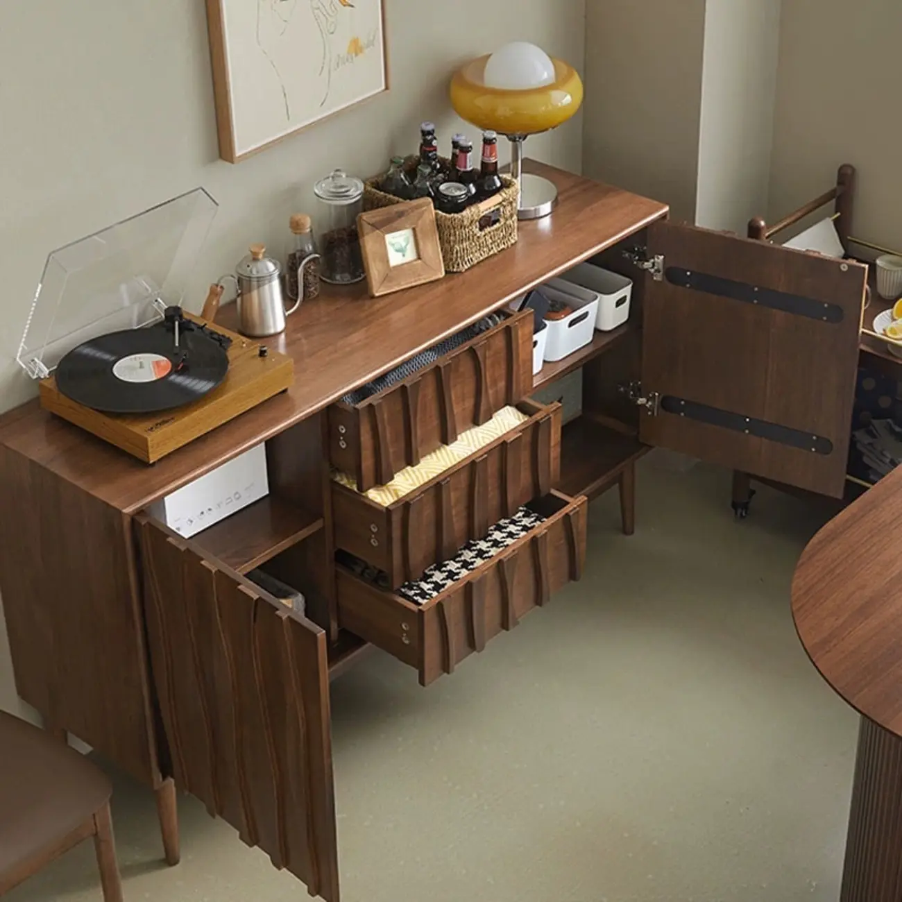 Scandinavian Brown Solid Wood Buffet Table with Drawers