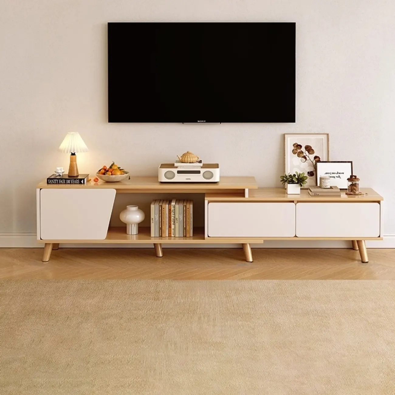 78.7 Natural Wood Open Storage Drawers TV Stand with Legs