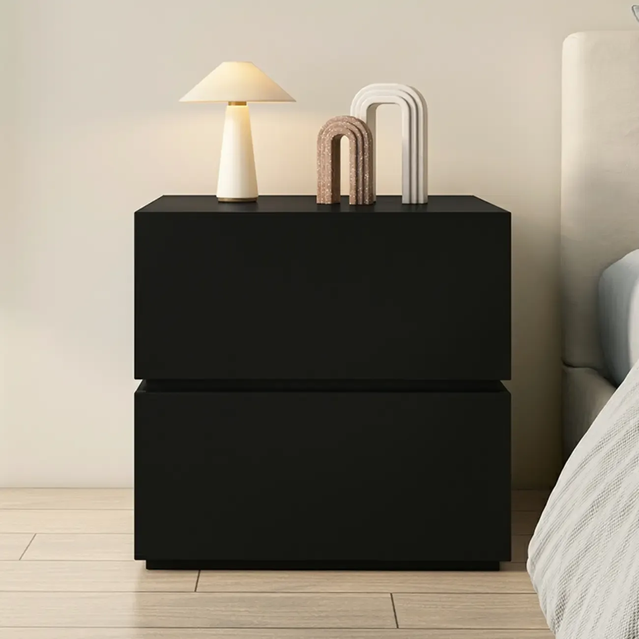 Minimalist Black Gloss Wood 2-Drawer Nightstand