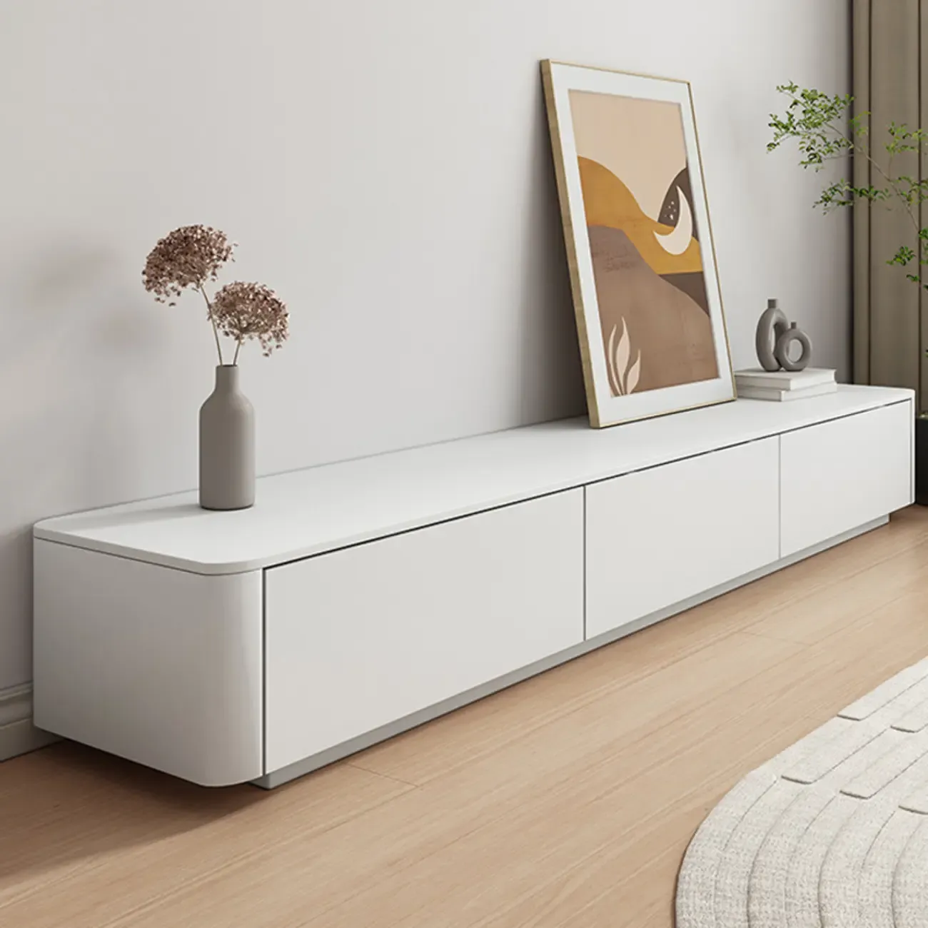 Modern White Wooden Long TV Stand with Drawers