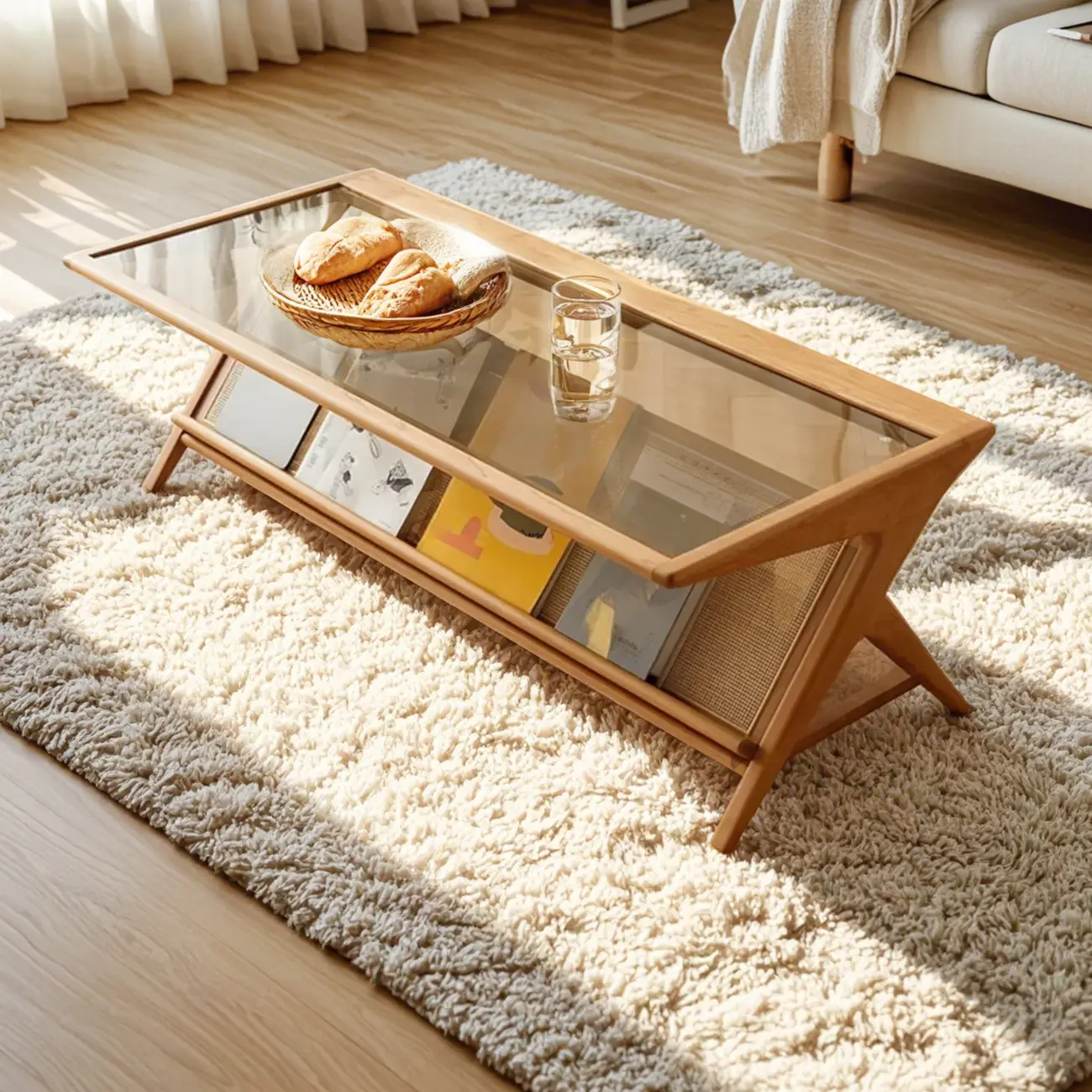 Modern Brown Rectangle Glass Wood Coffee Table with Shelf