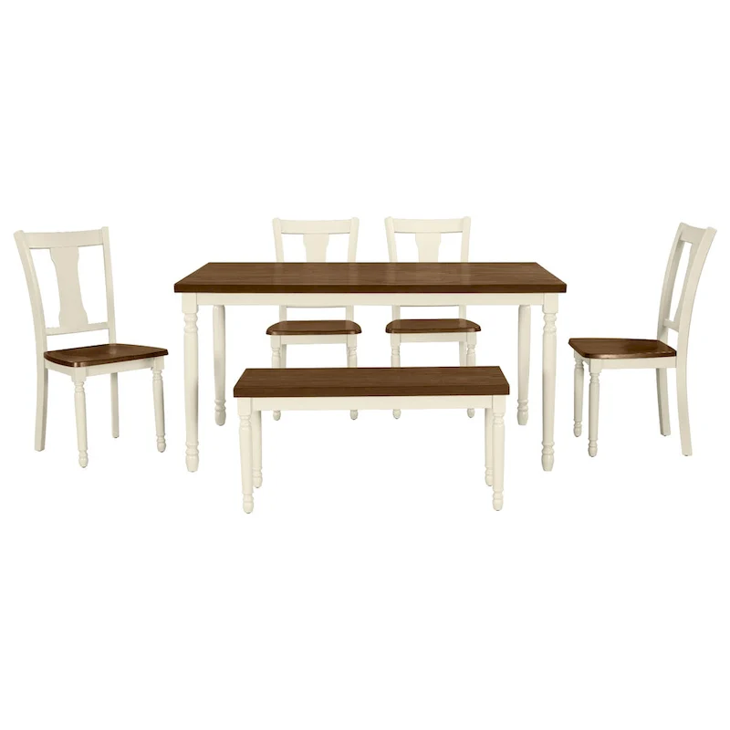 Classic 6-Piece Dining Set Wooden Table and 4 Chairs with Bench