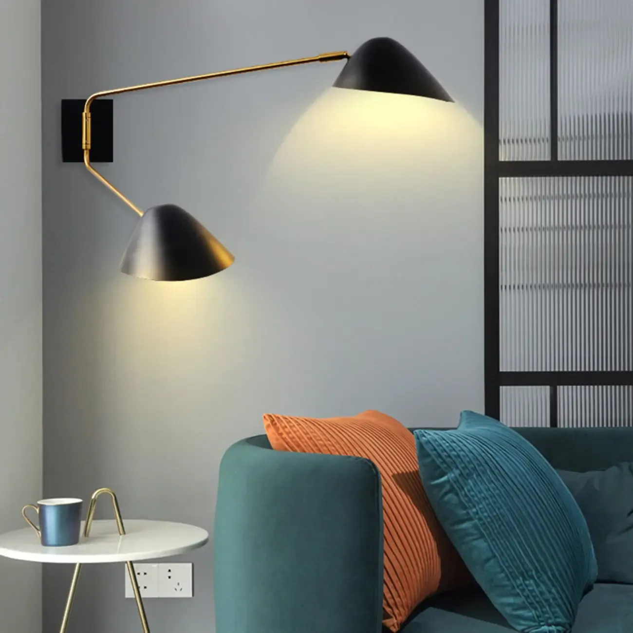 Black Metal 2-Light Swing Arm Wall Lamp for Living Room