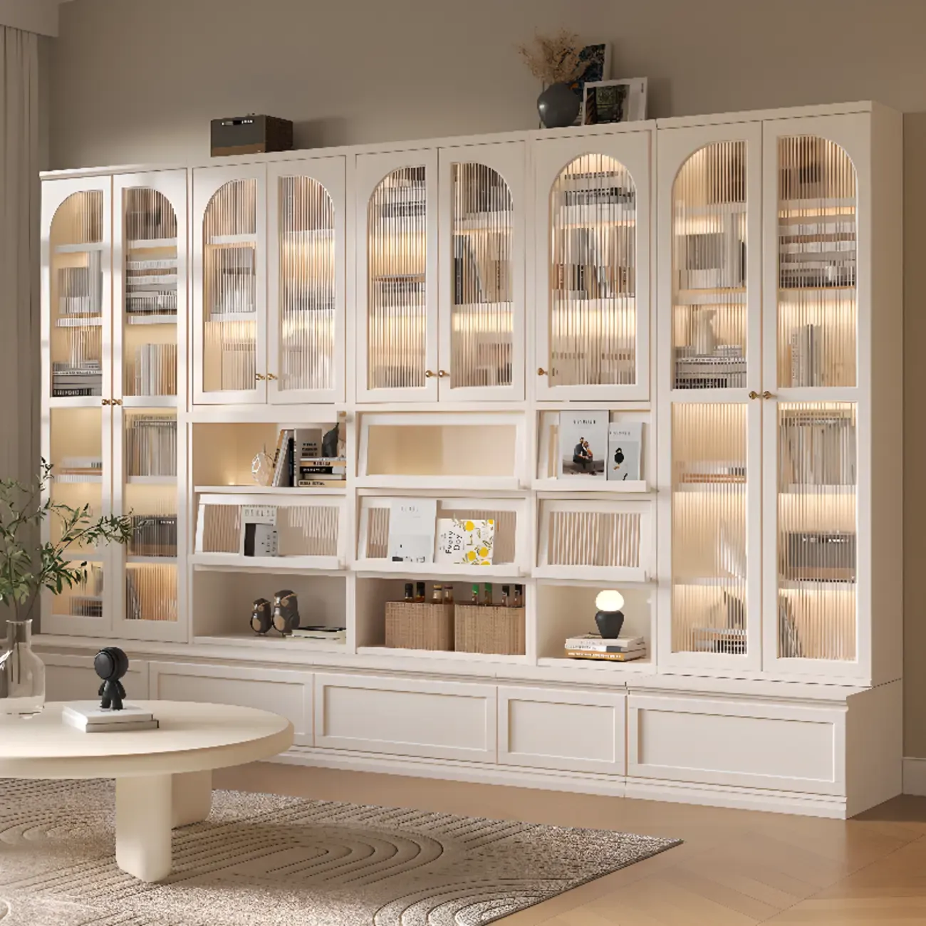 White Tall Wooden Floor Display Cabinet with Light