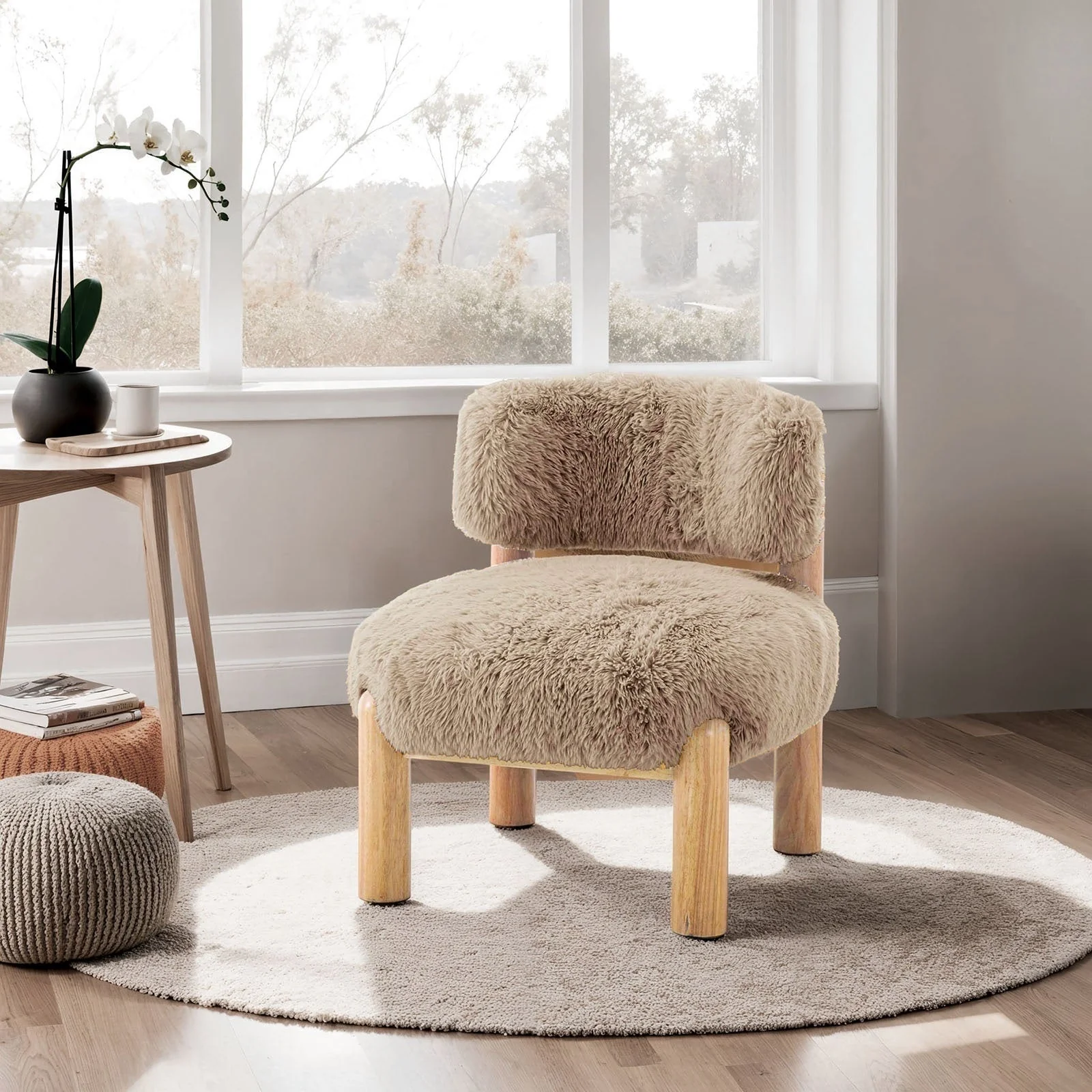 Contemporary Plush Fur Fabric Accent Chair with Wooden Legs