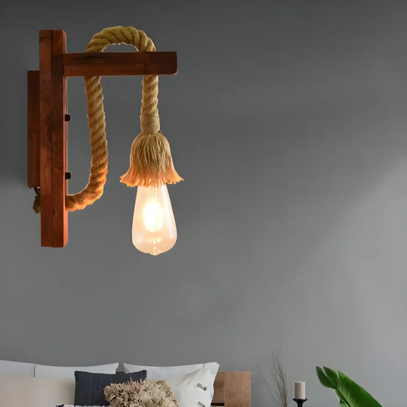 Industrial Rustic Wooden Rope Wall Sconce Lamp for Bedroom