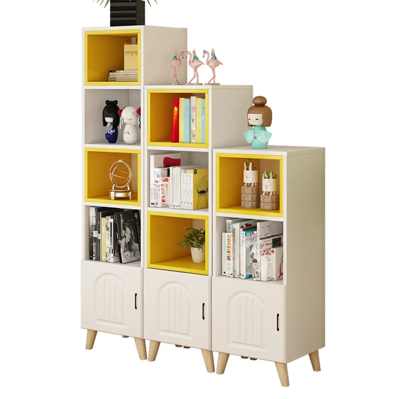 Wood 3-Tier White and Yellow Cube Bookcase with Cabinet