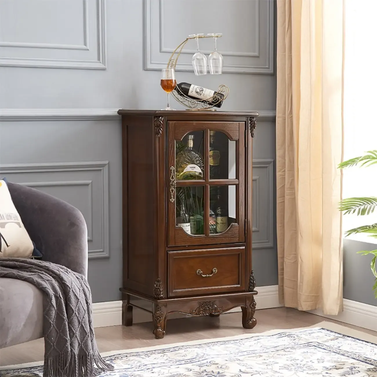 Traditional 34 Wood Wine Bar Cabinet with Drawers