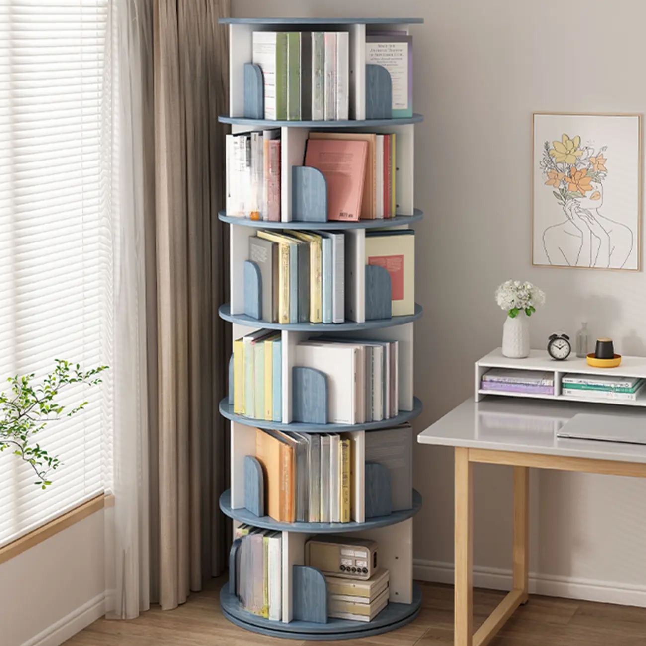 Brown Cylindrical Wooden Rotating Open-Back Bookcase