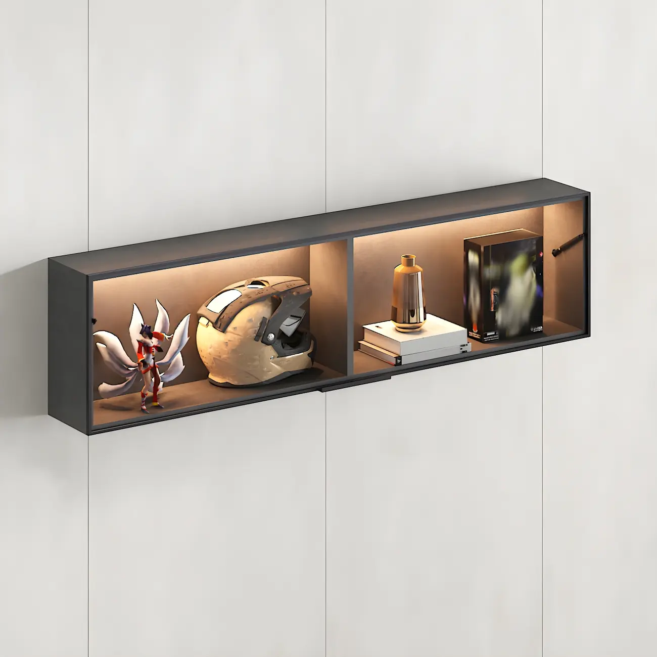 Black Wall Mount Wood 2-Cube Display Cabinet with Light