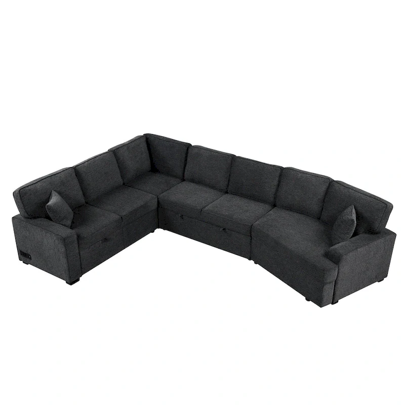 Black 126 L-Shaped 6-Seater Sofa with Pull-Out Bed and Cup Holders