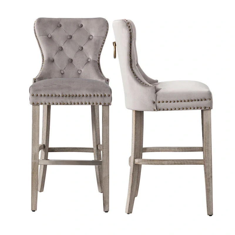 Carter 29 Wingback Tufted Nailhead Bar Stool (Set of 2), Antique Grey Legs