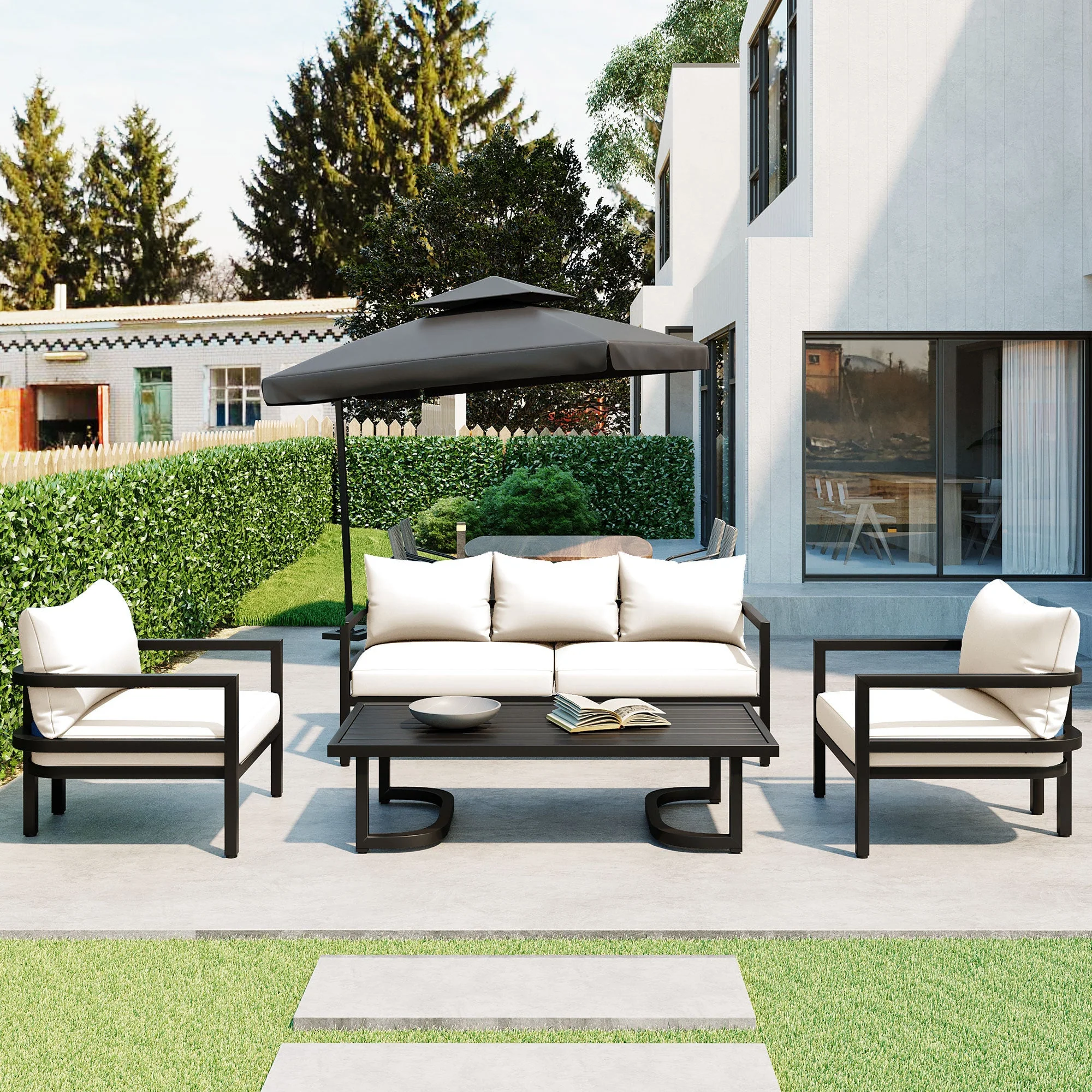 Walker Edison | Curve Design Steel Outdoor Sofa Set