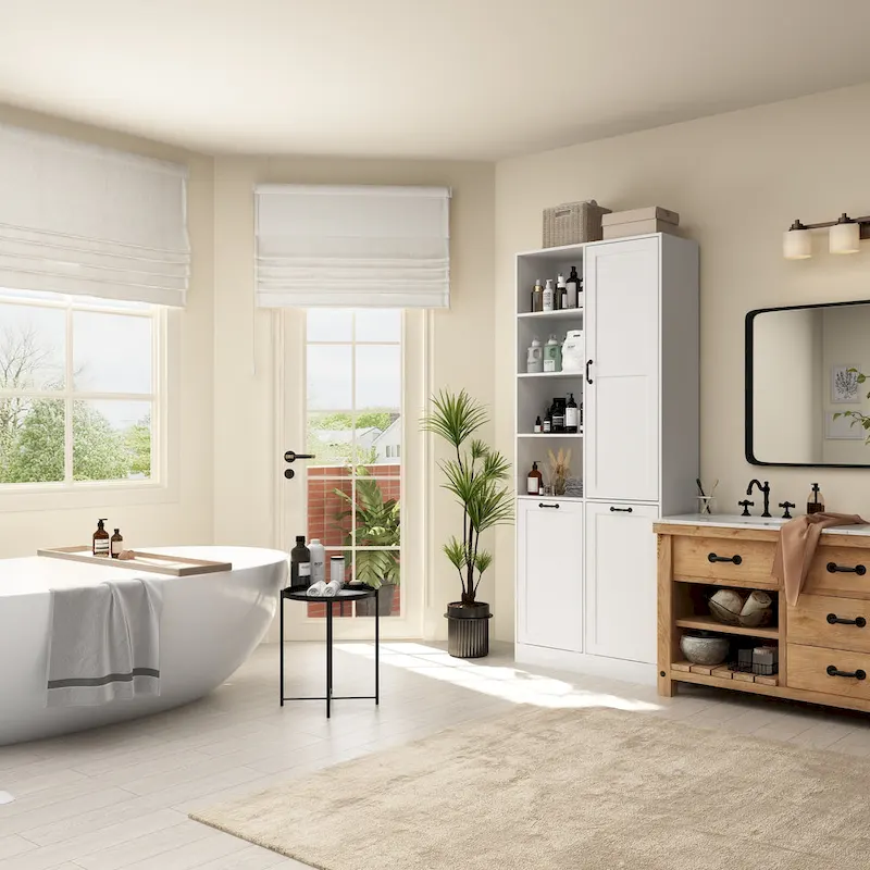 Sleek White Laundry Bathroom Cabinet with Unique Rotating Drawers