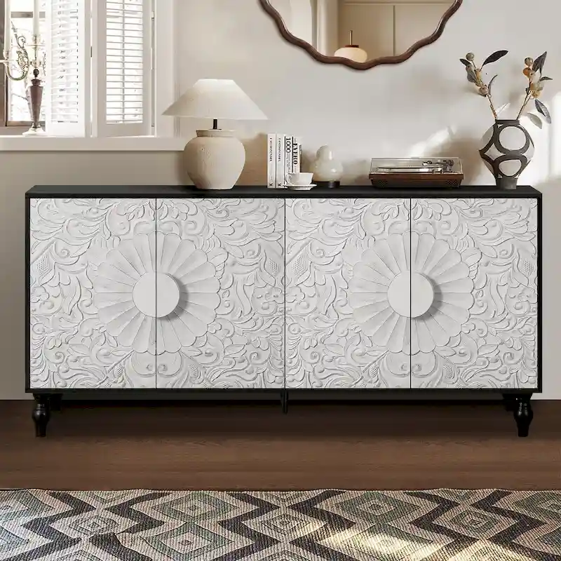 62.99 Accent TV Stand Cabinet with Carved Pattern Door, Storage Shelf, and Solid Wood Leg for Living Room