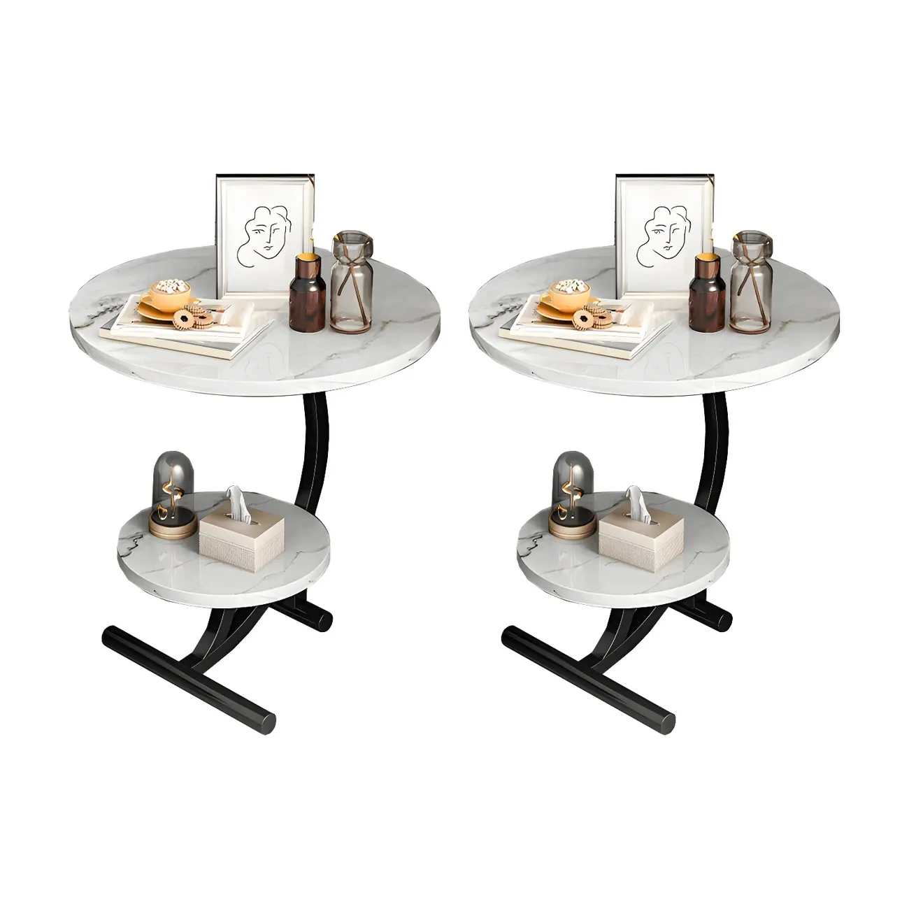 Modern Metal Frame Elegant Round Double Layer Nightstands