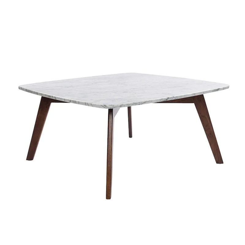Vezzana 31 Square Italian Carrara White Marble Coffee Table with Walnut Legs