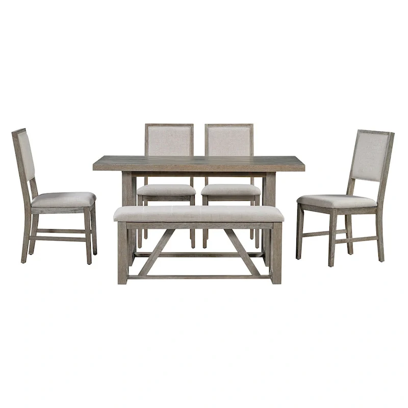 6 Piece Dining Table Chair Set, Wooden Kitchen Furniture Set with Acacia Wood Rectangular Table, 4 Chairs and 1 Bench