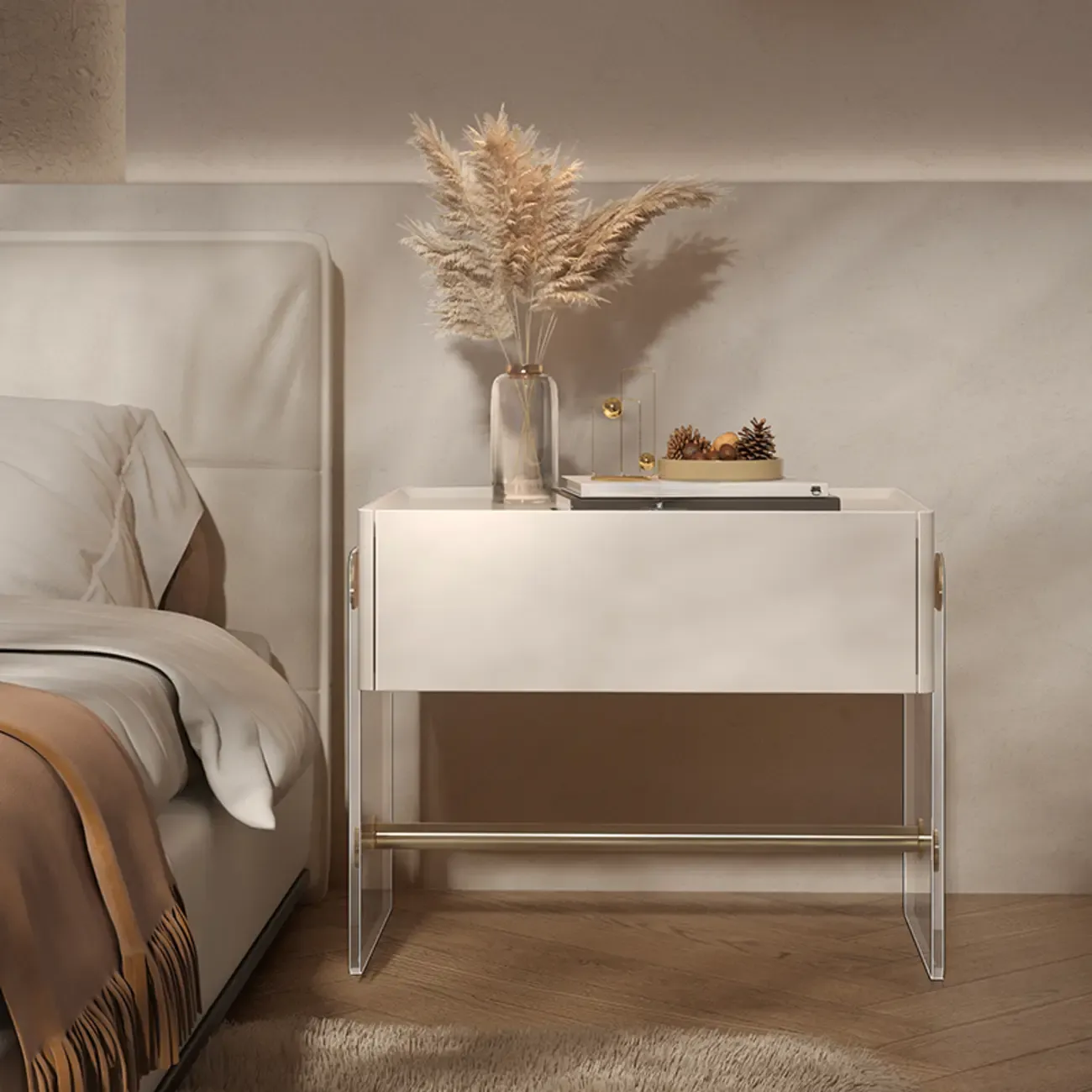 Modish White Acrylic 1-Drawer Nightstand with Shelf