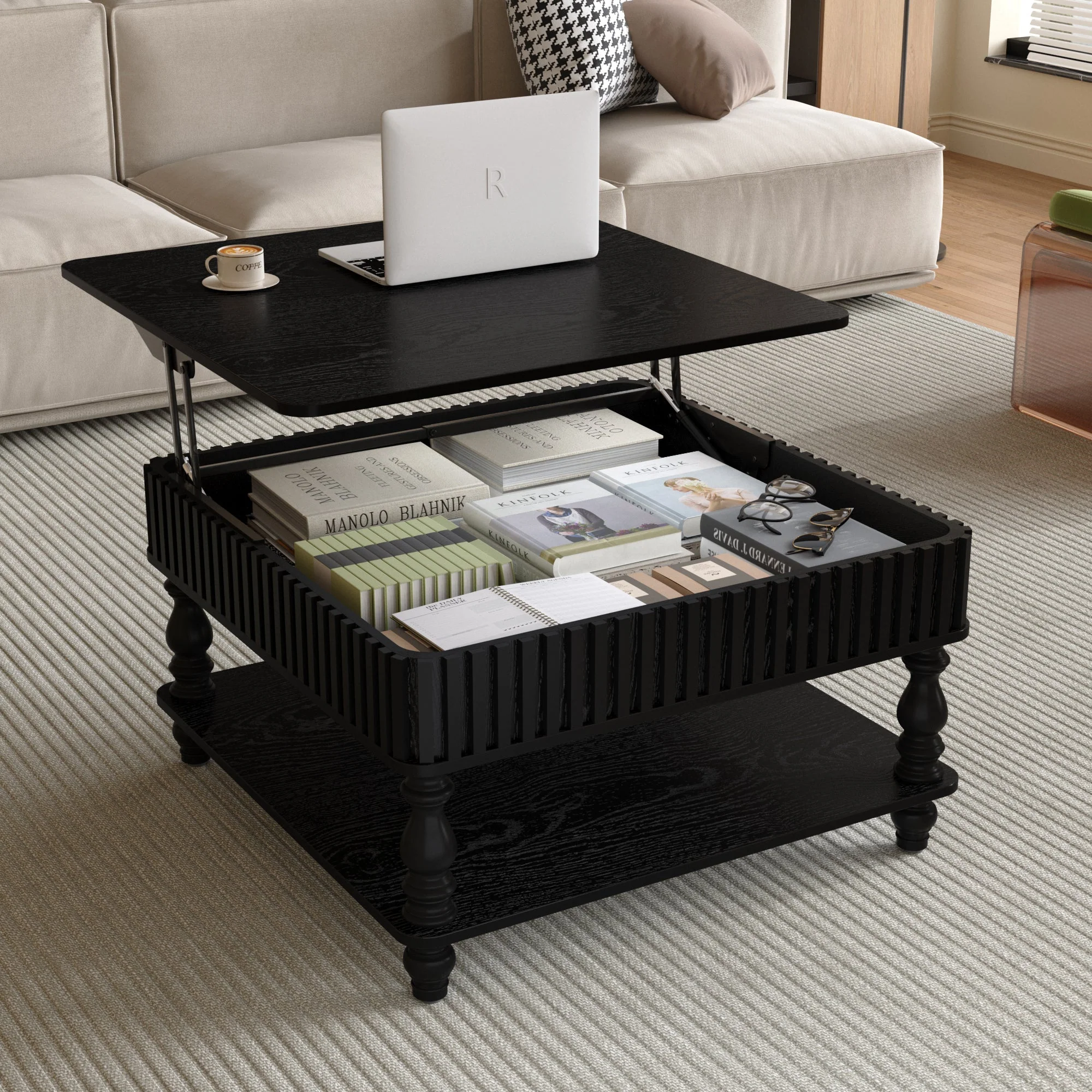 Walker Edison | Lift-Top Elevated Traditional Fluted Coffee Table