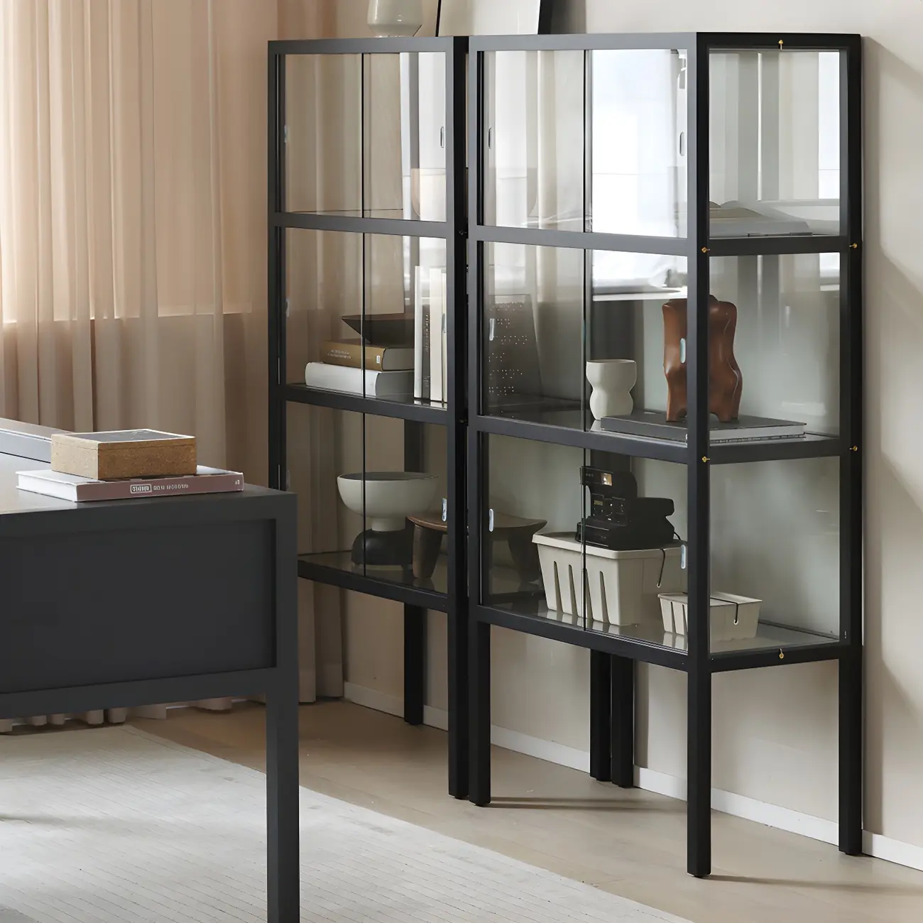 Modern Black Glass Display Cabinet with Metal Frame