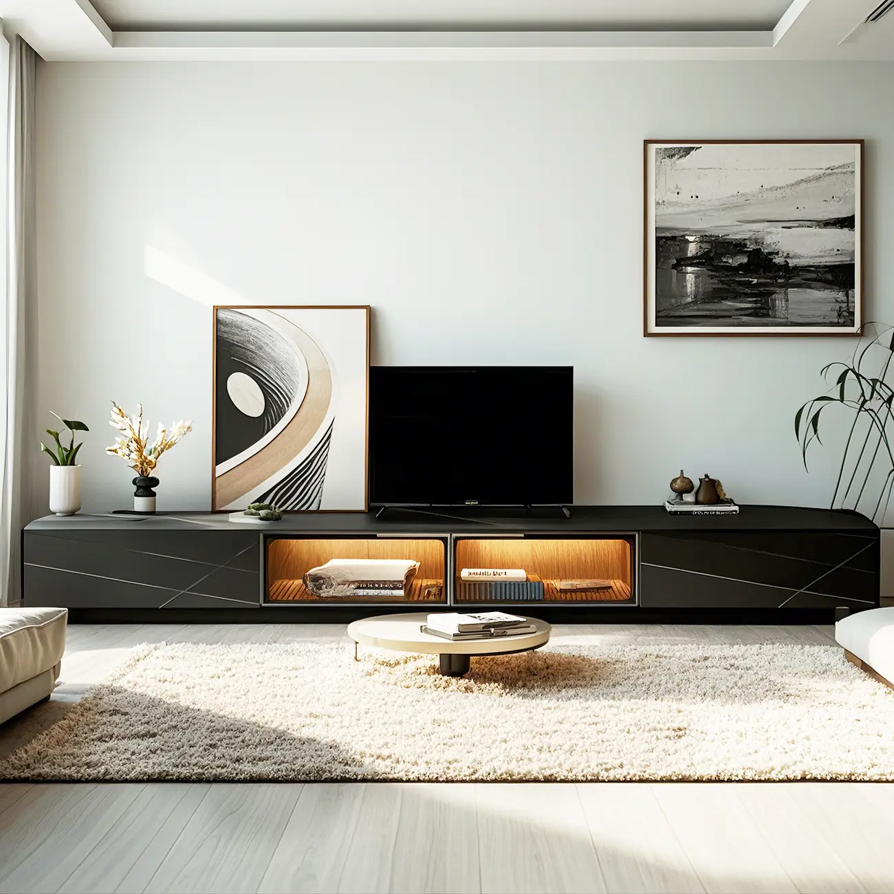 Black Modern Stone Rectangle Drawers TV Stand with LED Lights