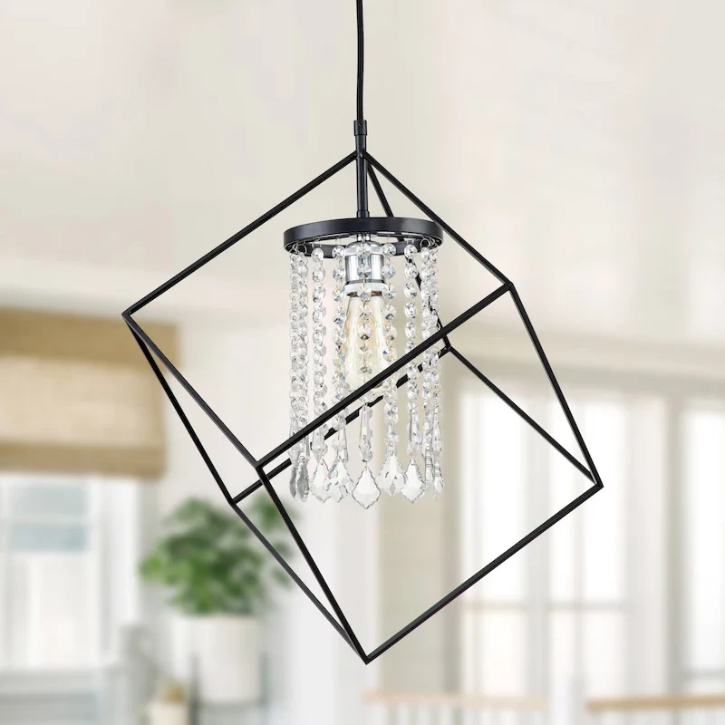 C Cattleya 1-Light Black Geometric Hanging Pendant Light with Cylinder Crystal Beads Shade