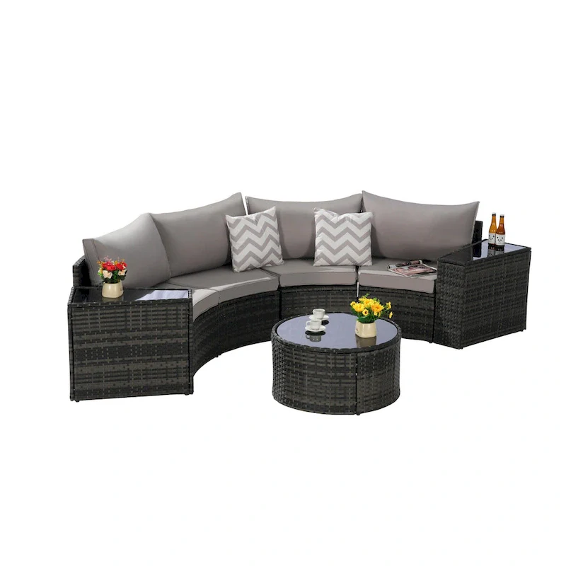 7-Piece Half-Moon Sectional Sofa Set with Glass Table