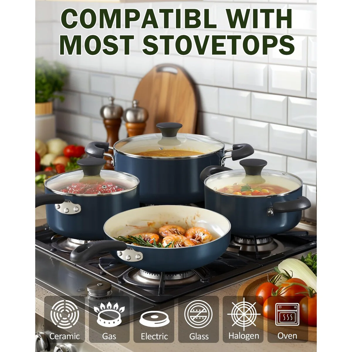 Pots and Pans Set Nonstick, 10-Piece Ceramic Kitchen Cookware Sets, Nonstick Cooking Set with Saucepans