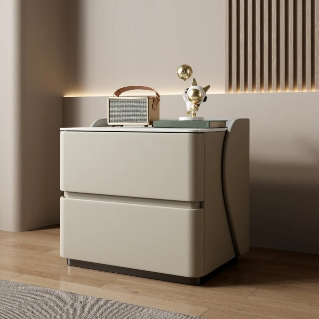 Modern Stone Top Leather Pine 2-Drawer Nightstand