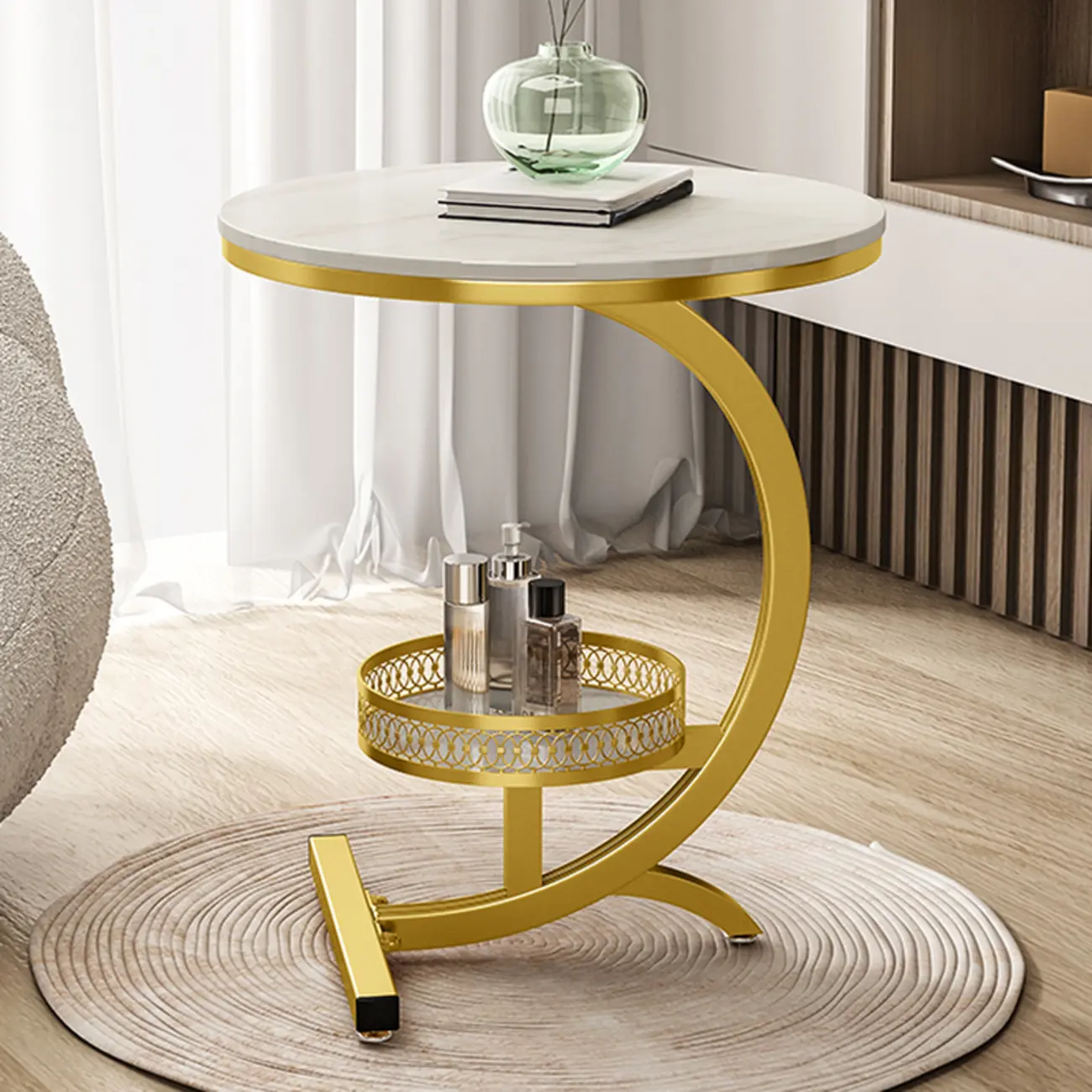 Glam Stone Top Metal Base C-Shape Side Table