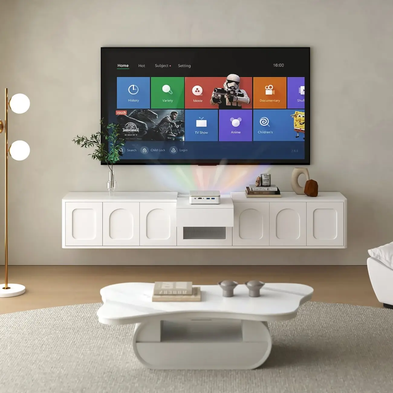 Modern Long Floating White TV Stand with Drawers