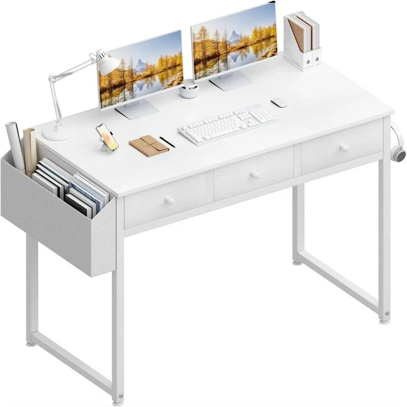 Small White Computer Desk with Fabric Drawers