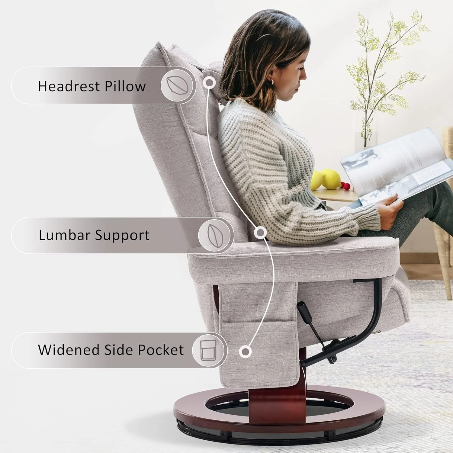 MCombo Set of 2 Swivel Recliner with Ottoman and Neck Pillow,Chenille Fabric