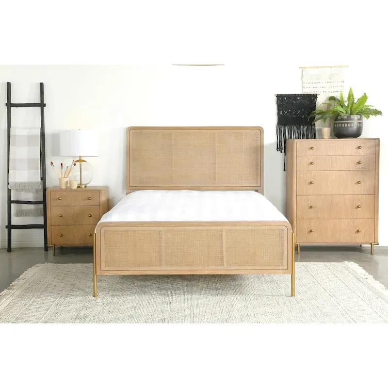 Stevie Sand Wash and Natural Cane Upholstered Panel Bed