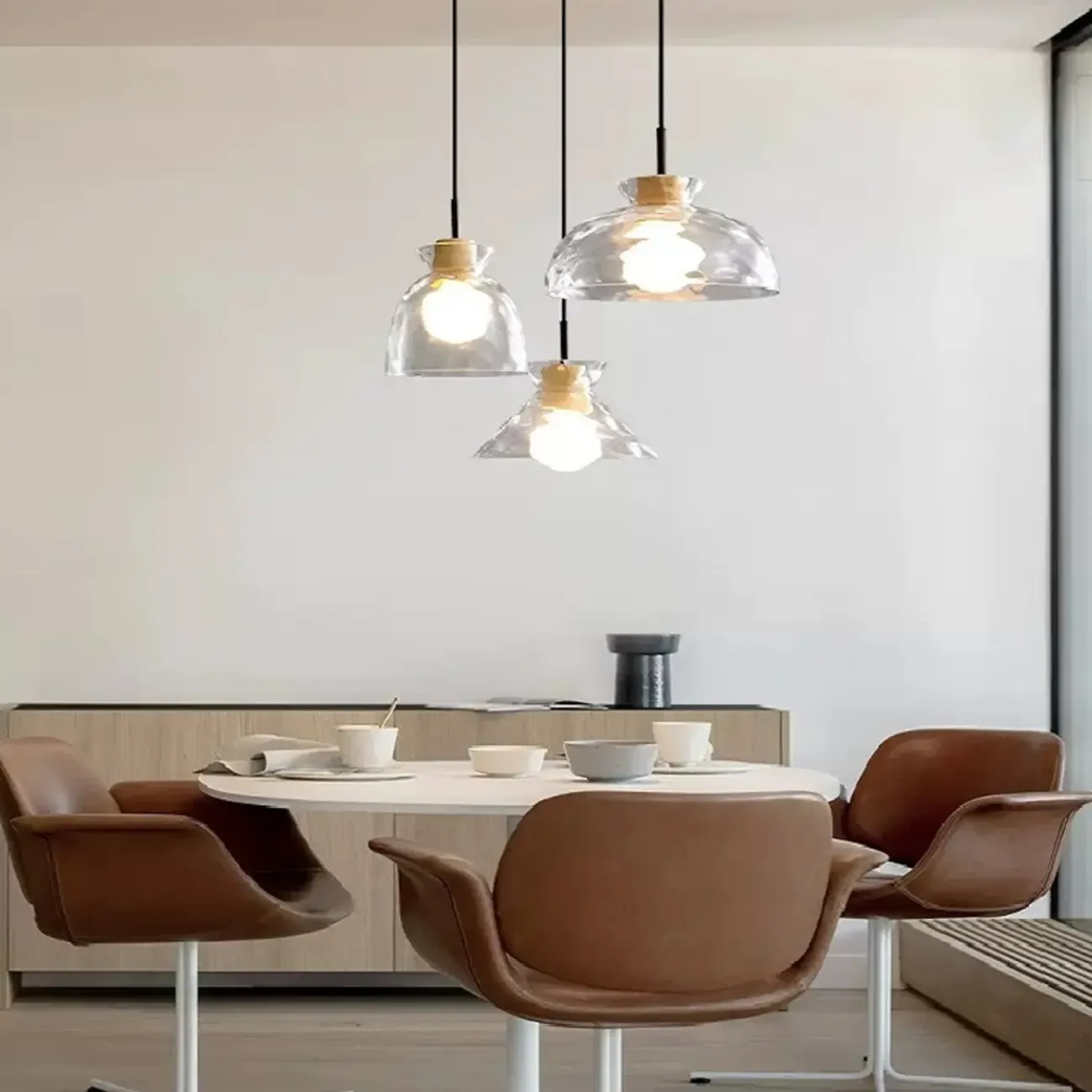 Modern Clear Textured Glass Wood Pendant Light