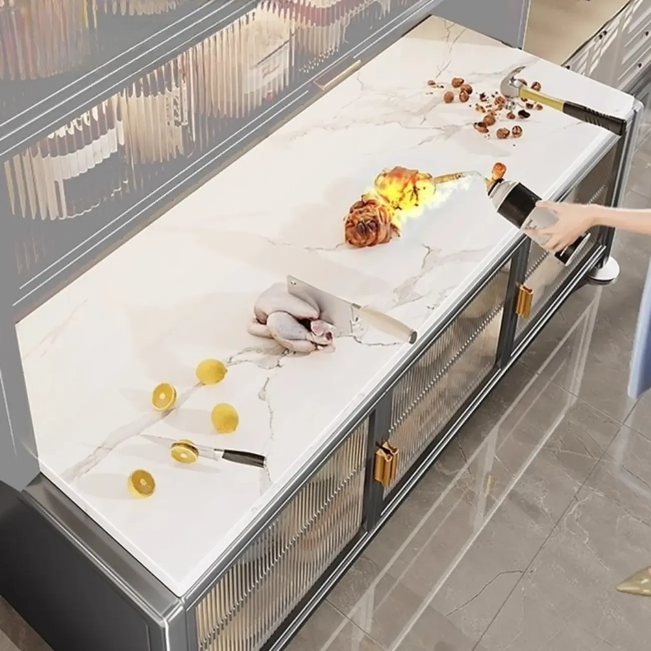 Modern Metal Buffet with Stone Countertop Narrow Design