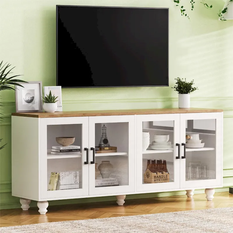 TV Stand for TVs Up to 70,Versatile Sideboard,Adjustable Shelves,Tempered Glass Doors,Buffet Cabinet with 5 Gourd-Shaped Legs