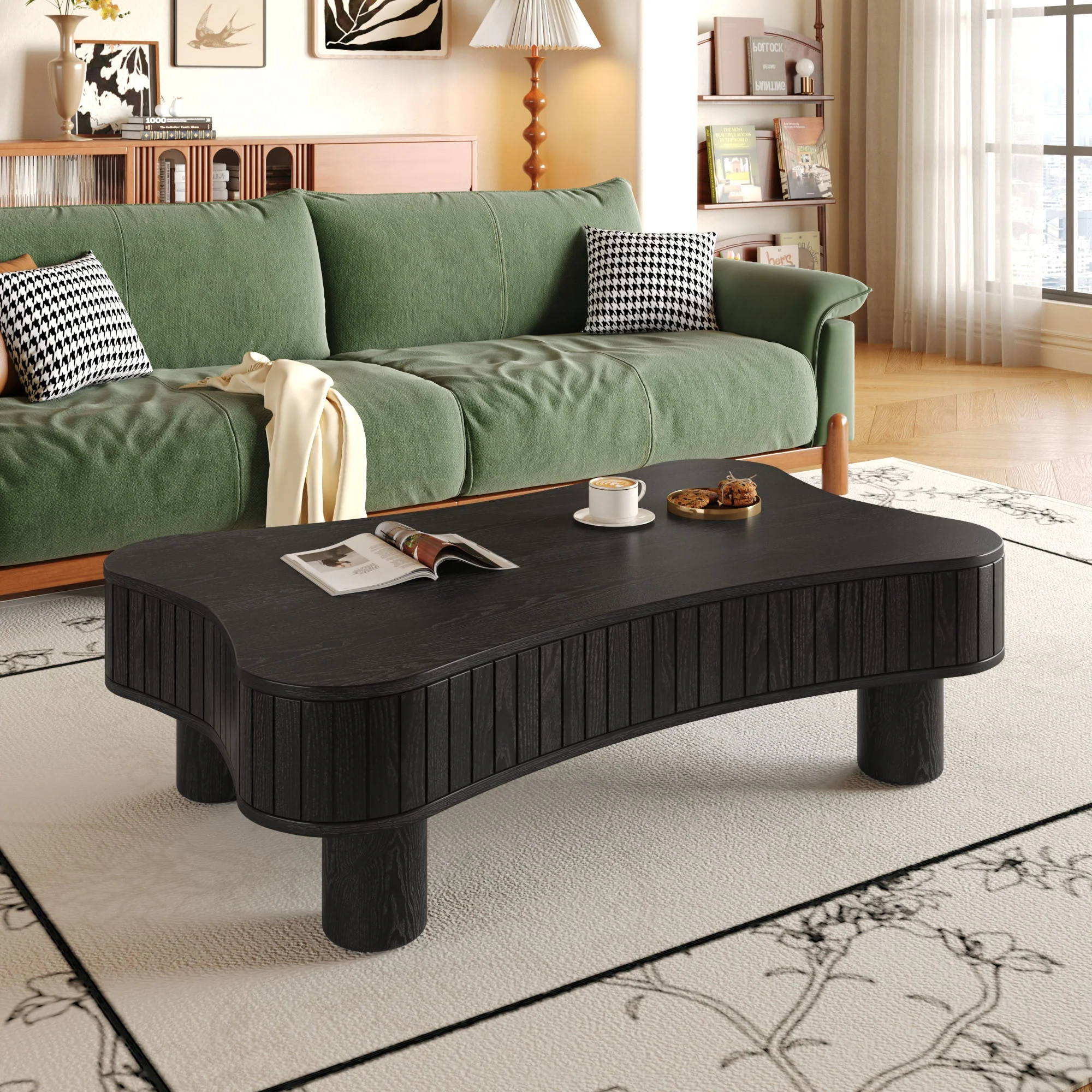 Walker Edison | Black Reeded Curve Design Lift Top Coffee Table and Desk