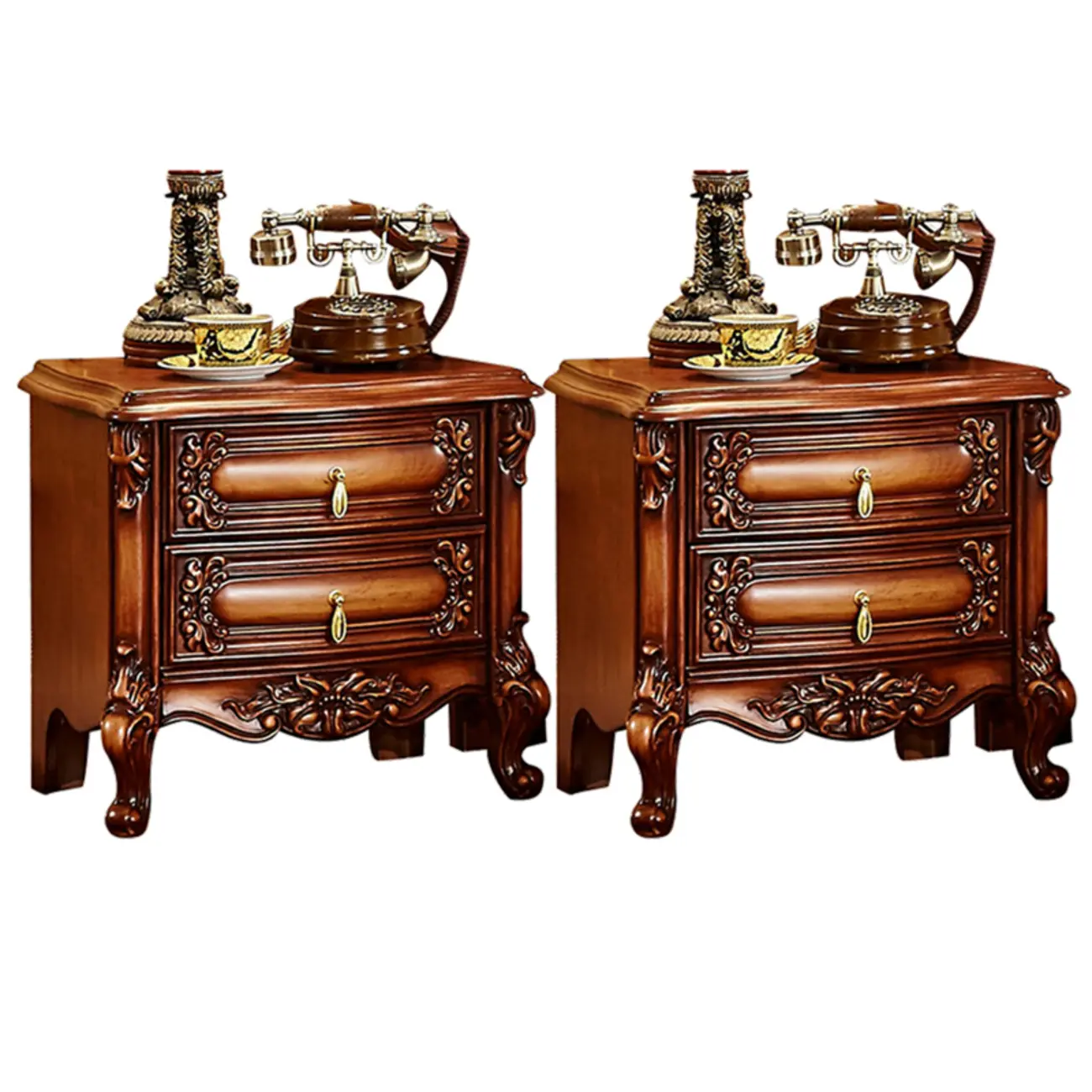 Traditional Brown Carved Wood 2-Drawer Standard Nightstand