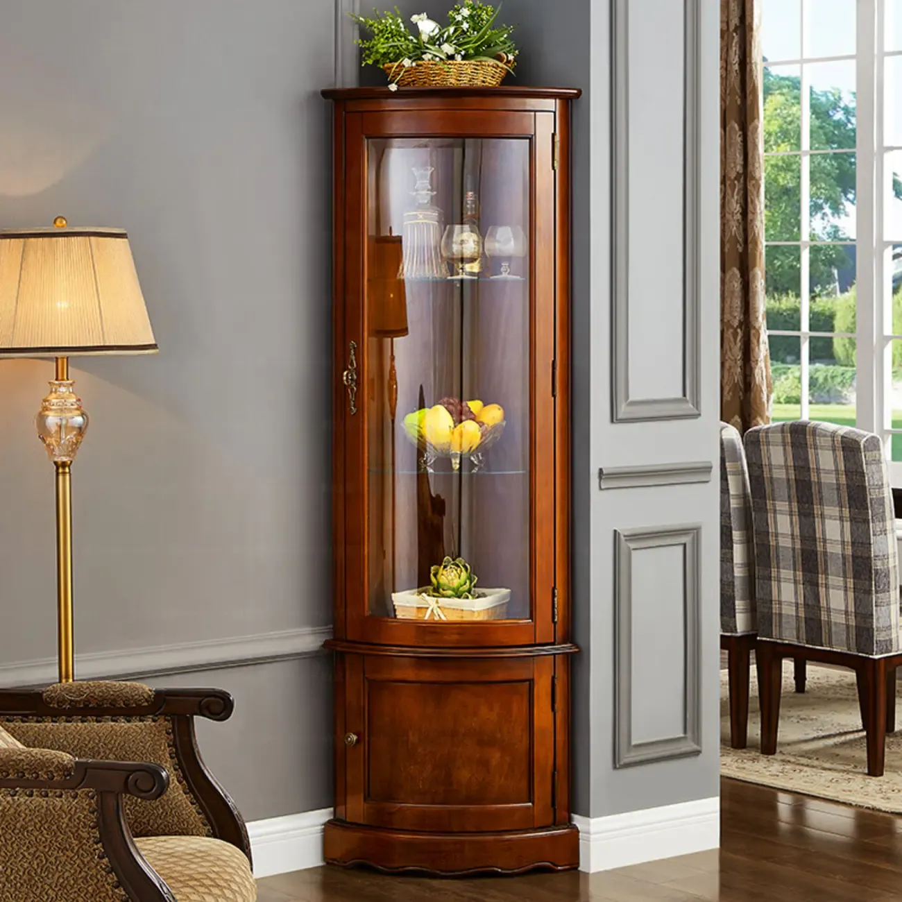 Classic Wood Walnut Glass Doors Corner Display Cabinet