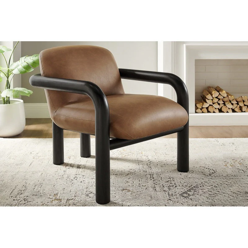 Modern Curve Wood Frame Faux Leather Accent Chair