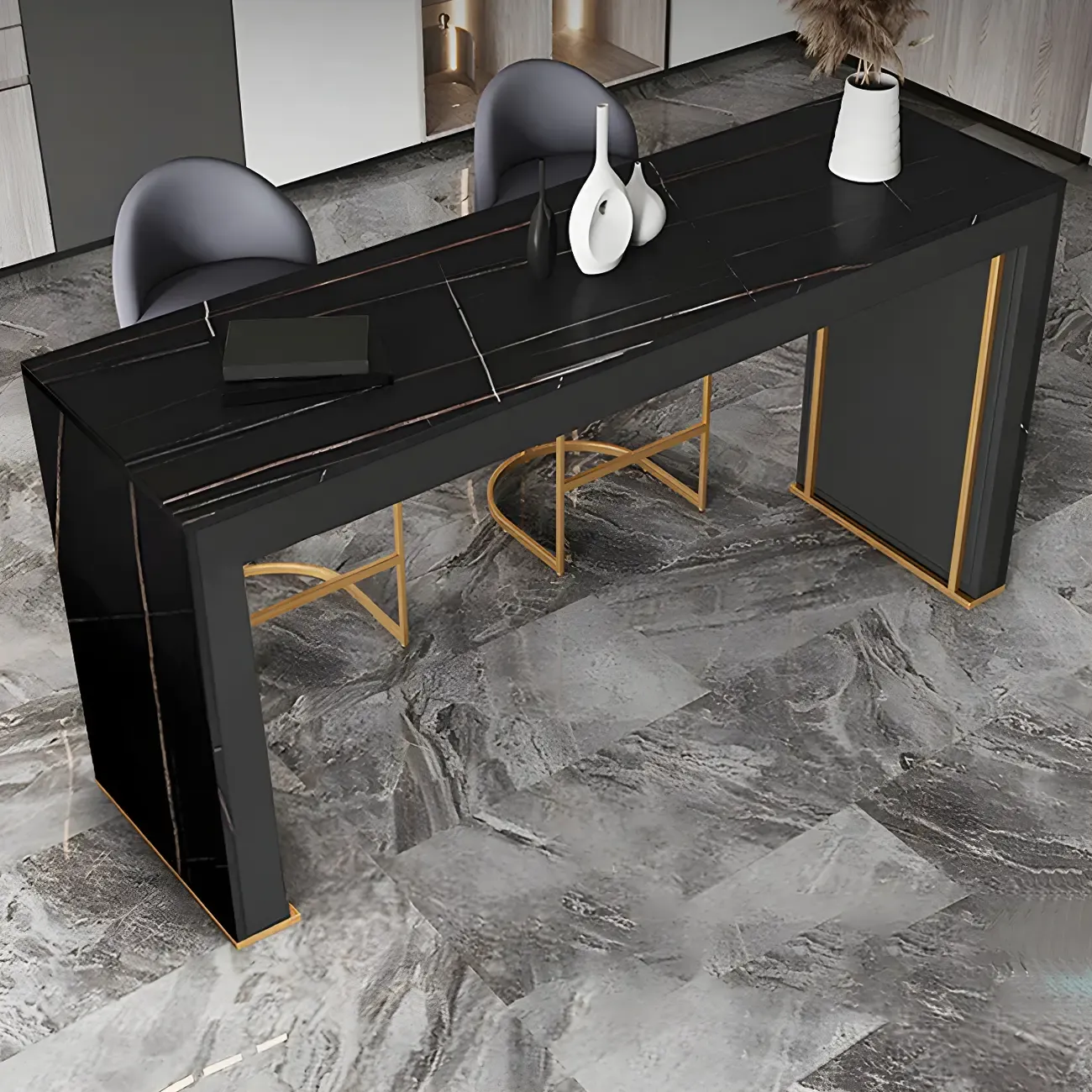 Modern White Stone Top Wood Dual-Pedestal Bar Tables