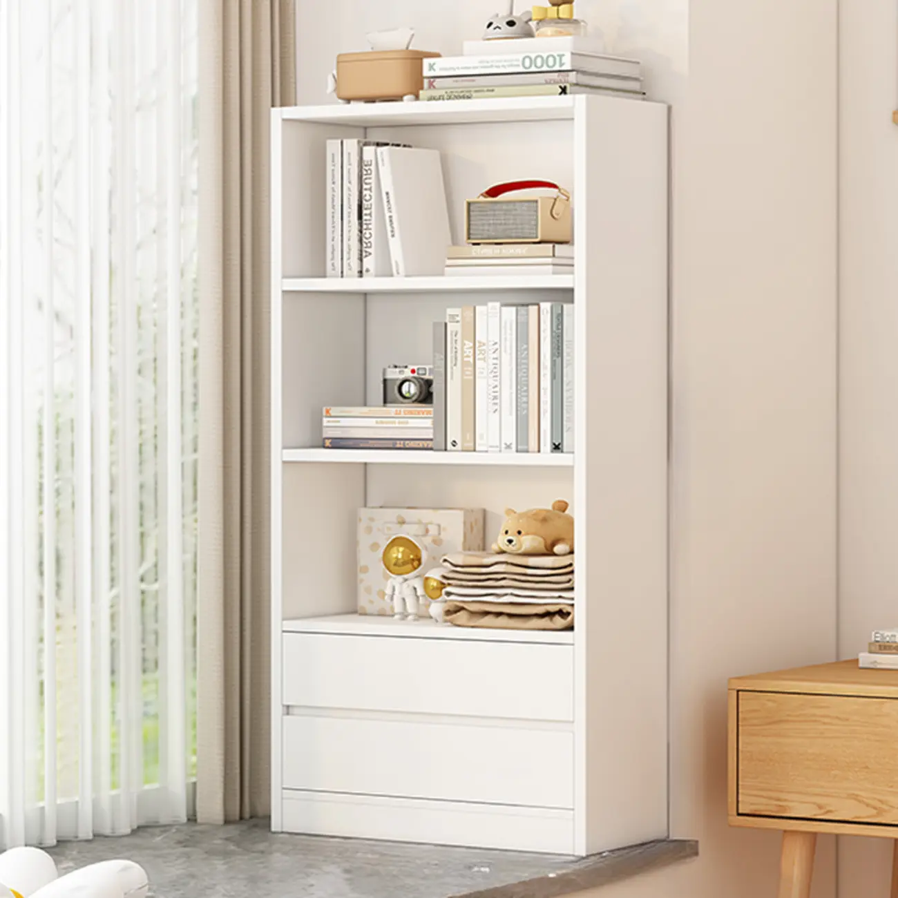 Simple Wooden White 3-Tier Bookcase with Drawers